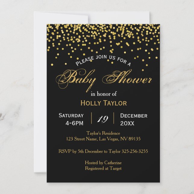 Invitation Baby shower or et noir (Devant)