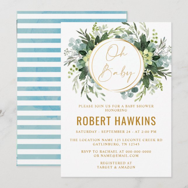 Invitation Baby shower Or Eucalyptus (Devant / Derrière)