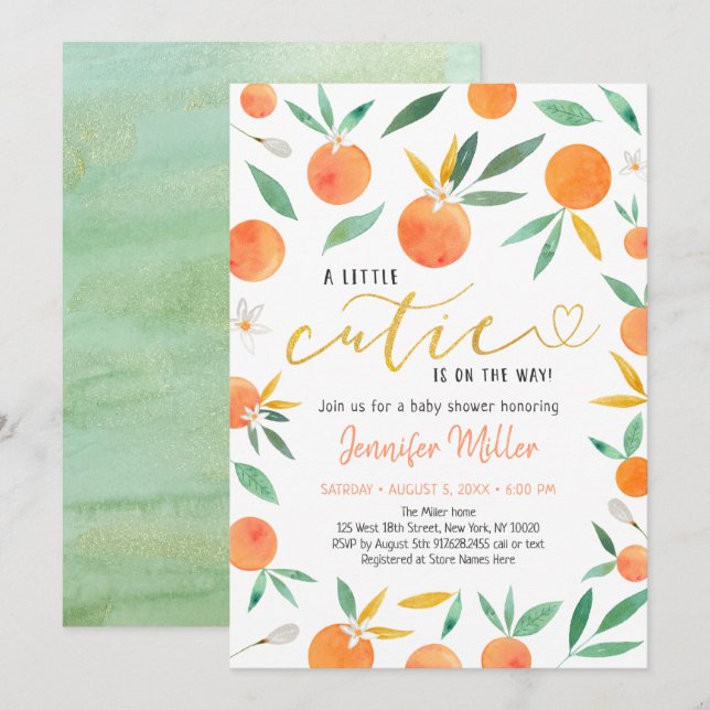 Invitation Baby shower Or Little Cutie Greenery (Devant / Derrière)