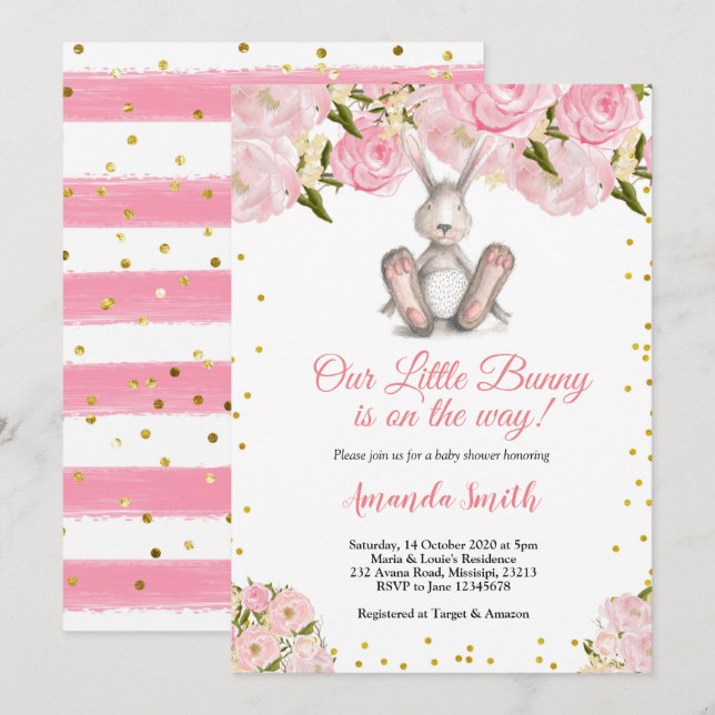 Invitation Baby shower Or Petit Lapin Rose (Devant / Derrière)