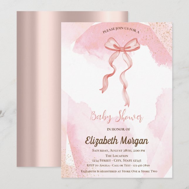 Invitation Baby shower or Rose de peinture à l'aquarelle Bow (Devant / Derrière)