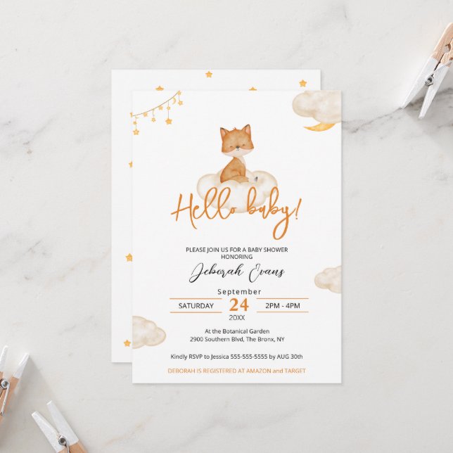 Invitation Baby shower Orange Cute Fox (Devant/Arrière en situation)