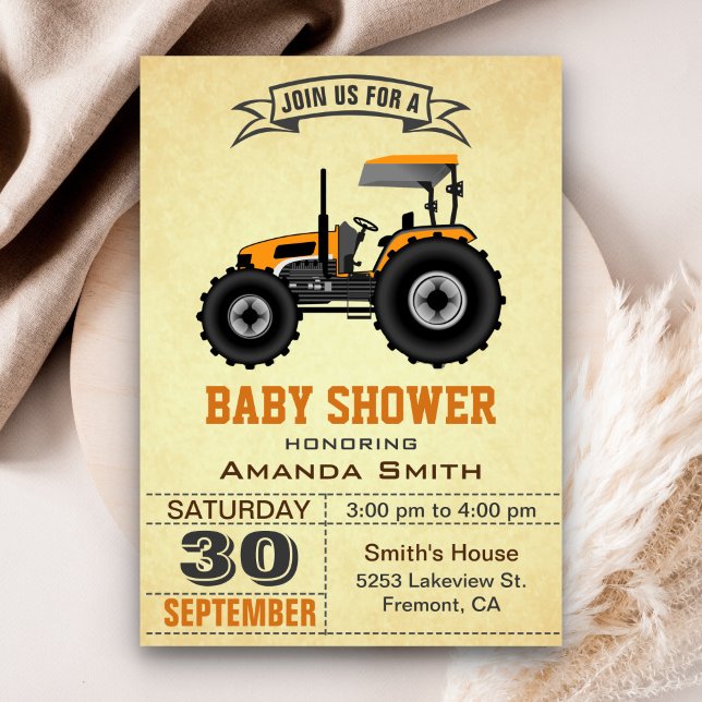Invitation Baby shower Orange Farm Tractor (Créateur téléchargé)