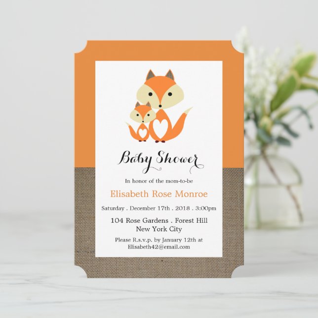 Invitation Baby shower Orange Fox Burlap (Debout devant)