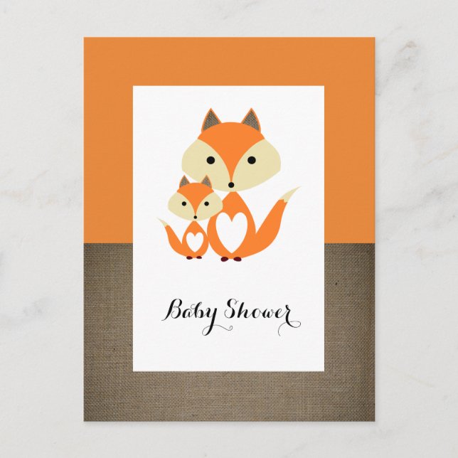 Invitation Baby shower Orange Fox Burlap (Devant)