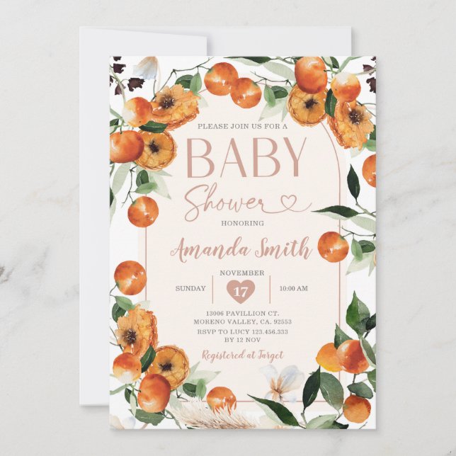 Invitation Baby shower orange Fruit d'agrumes tropicaux d'été (Devant)