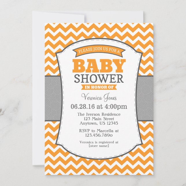 Invitation Baby shower Orange Grey Chevron (Devant)