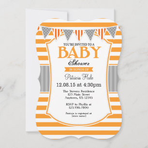 Invitation Baby shower Orange Grey Stripes