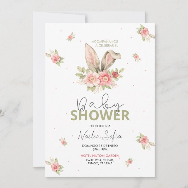 Invitation Baby shower Orejas de Conejo Rosa y Flores (Devant)
