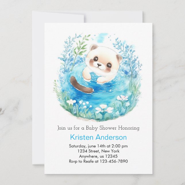 Invitation Baby shower Otterly Whimsical Blue Meadow Boy (Devant)