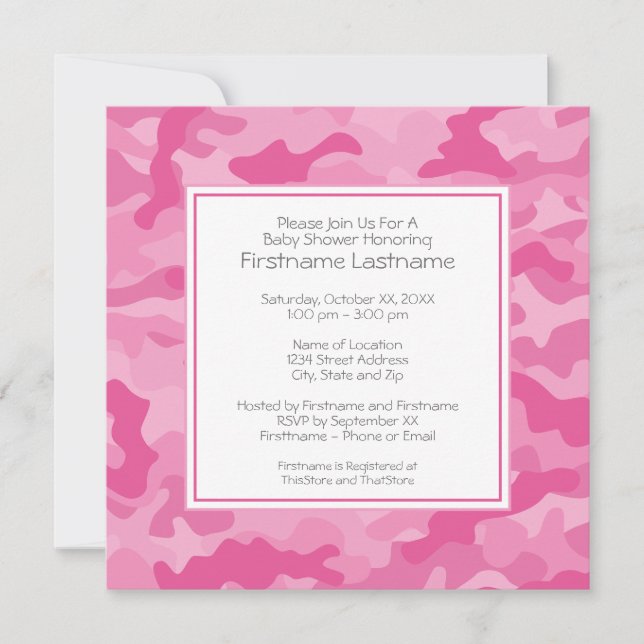 Invitation Baby shower ou fête en camo rose (Devant)
