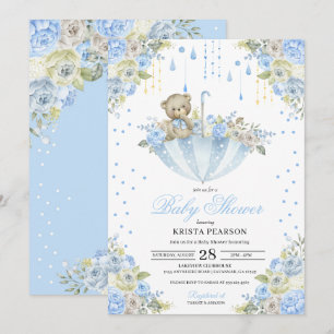 Invitation Baby shower Ours Bébé Bleu Parapluie Teddy