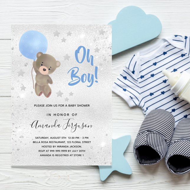 Invitation Baby shower ours en peluche bleu garçon argent (Créateur téléchargé)