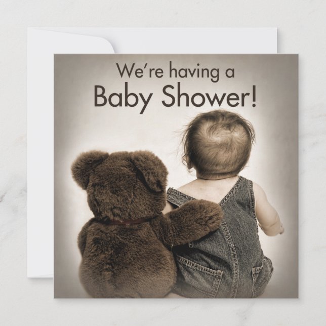 Invitation baby shower - Ours en peluche et bébé (Devant)