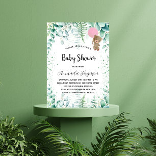 Invitation Baby shower ours en peluche forêt rose eucalyptus