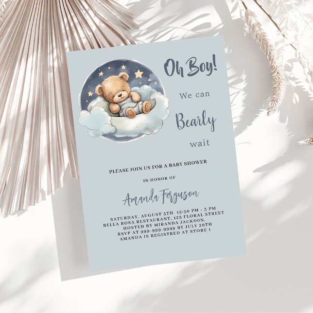 Invitation Baby shower ours en peluche garçon bleu nuage mign (Créateur téléchargé)