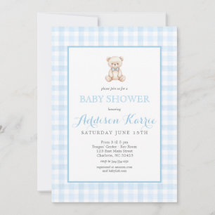 Invitation Baby Shower Ours en Velours Bleu à Carreaux Prépa
