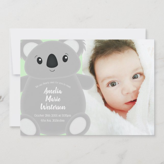 Invitation Baby shower Ours Koala Vert (Devant)