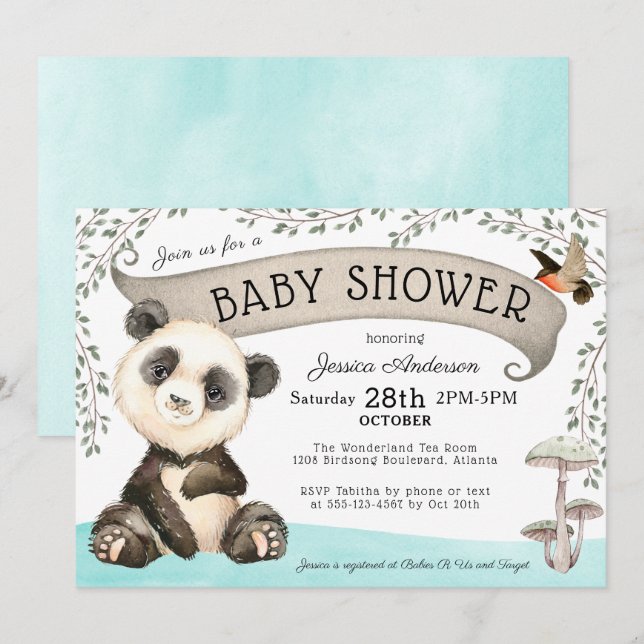 Invitation Baby shower Ours Panda Cute (Devant / Derrière)