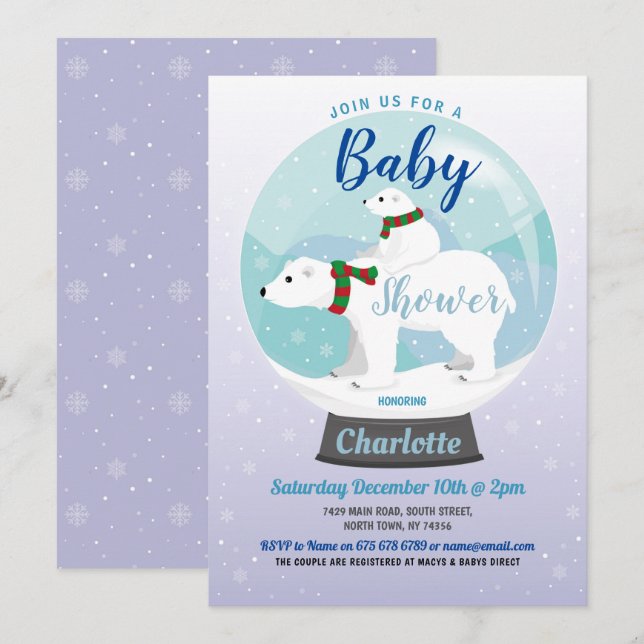 Invitation Baby shower Ours polaire d'hiver Globe des neiges  (Devant / Derrière)