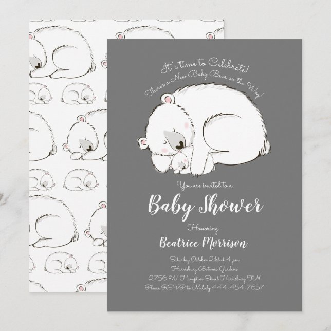 Invitation Baby shower Ours polaire Hiver Genre gris neutre (Devant / Derrière)