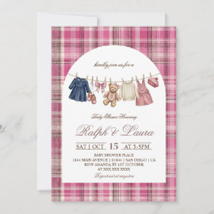 Invitation Baby Shower Ours Rose à Carreaux