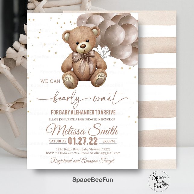 Invitation Baby shower Ours Teddy On Peut Bearly W (Teddy Bear,Baby Shower,Invitation,We Can Bearly Wait,Boy invites,hot air balloon,save she date,Bear )