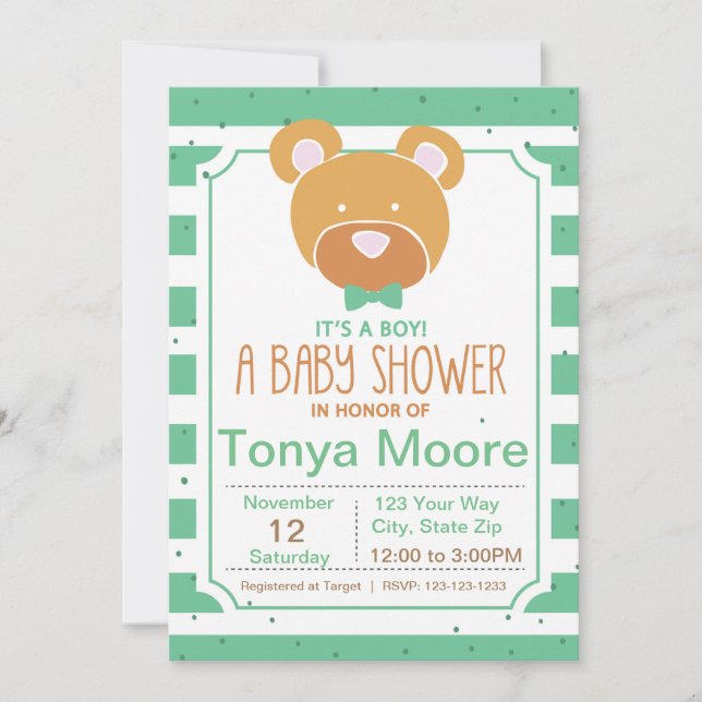 Invitation Baby shower Ours Vert (Devant)