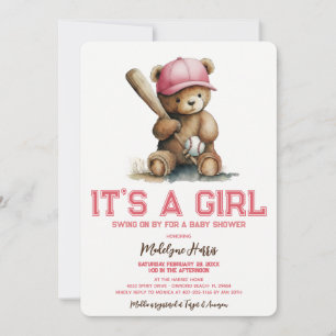 Invitation Baby Shower Ourson Baseball Aquarelle Fille