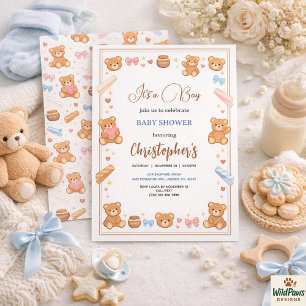 Invitation Baby Shower Ourson en Peluche Garçon   Ourson Bleu
