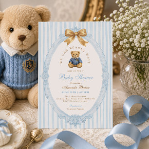 Invitation Baby-Shower Ourson Polo Rayures Bleues