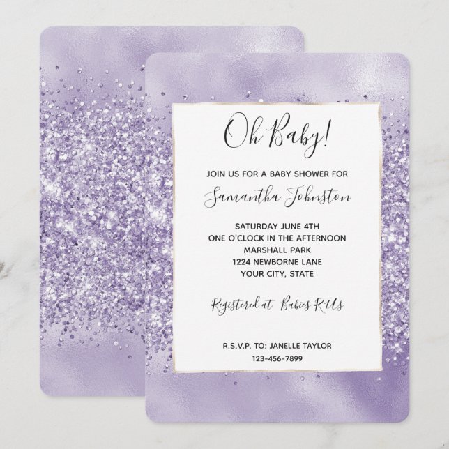Invitation Baby-Shower Pailleté Violet Glitzy (Devant / Derrière)
