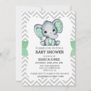 Invitation Baby Shower Paillette Chevron Eléphant Vert