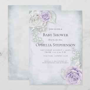 Invitation Baby shower Pale Blue Lilac Roses