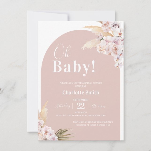 Invitation Baby shower Pampas à arc floral Blush Boho (Devant)