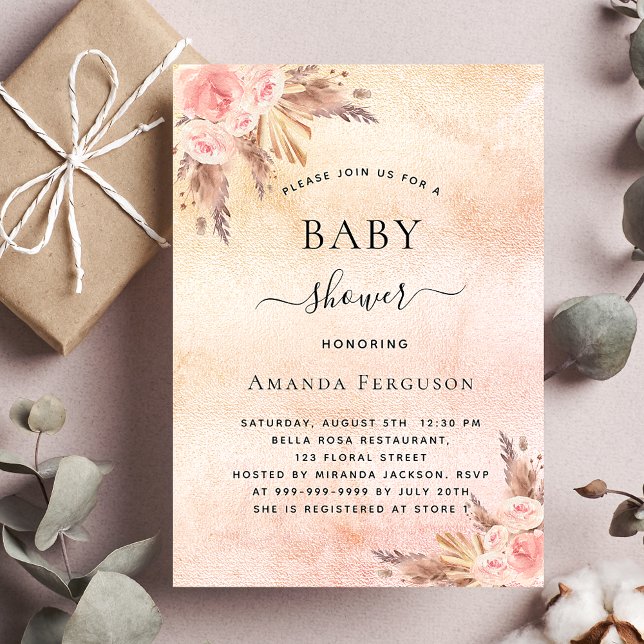 Invitation Baby shower pampas herbe fleurie boho luxe (Créateur téléchargé)