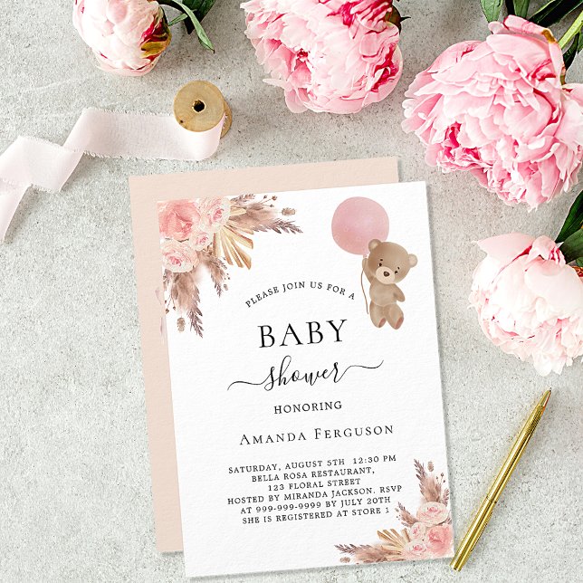 Invitation Baby shower pampas herbe ours en peluche fille lux (Créateur téléchargé)