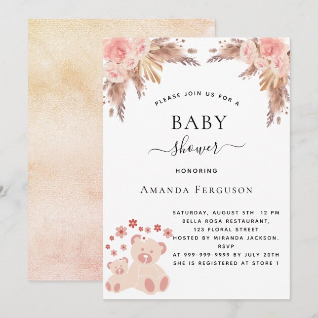 Invitation Baby shower pampas herbe ours en peluche rose or f (Devant / Derrière)