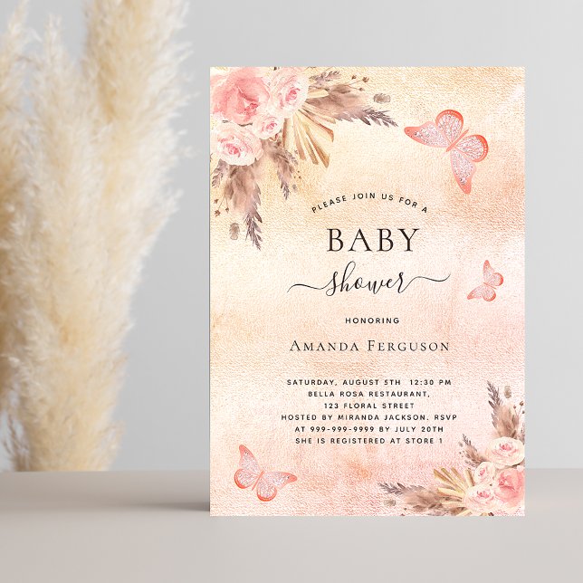 Invitation Baby shower pampas herbe rousse papillon (Créateur téléchargé)