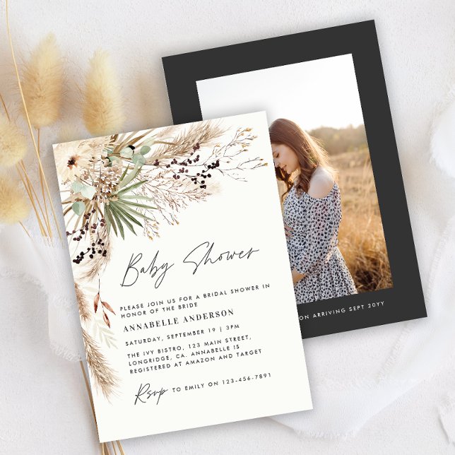 Invitation Baby shower pampas moderne élégant noir photo (Créateur téléchargé)