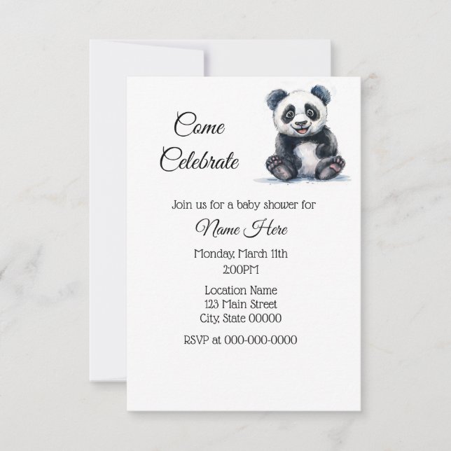 Invitation Baby shower Panda aquarelle simple (Devant)