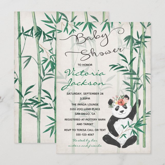 Invitation Baby shower Panda Bear Bamboo (Devant / Derrière)