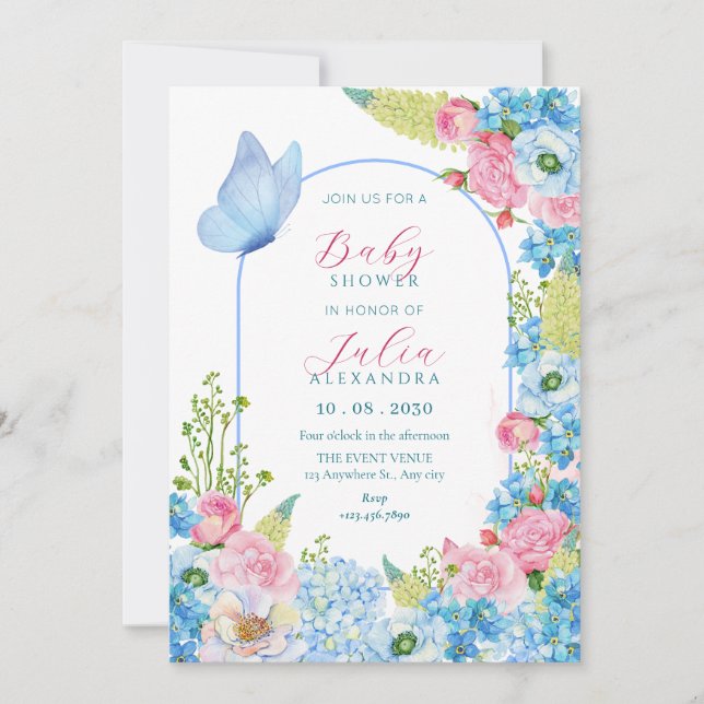 Invitation Baby shower papillon à fleurs rose bleu (Devant)