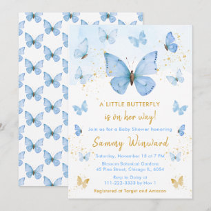Invitation Baby Shower Papillon Bleu et Or