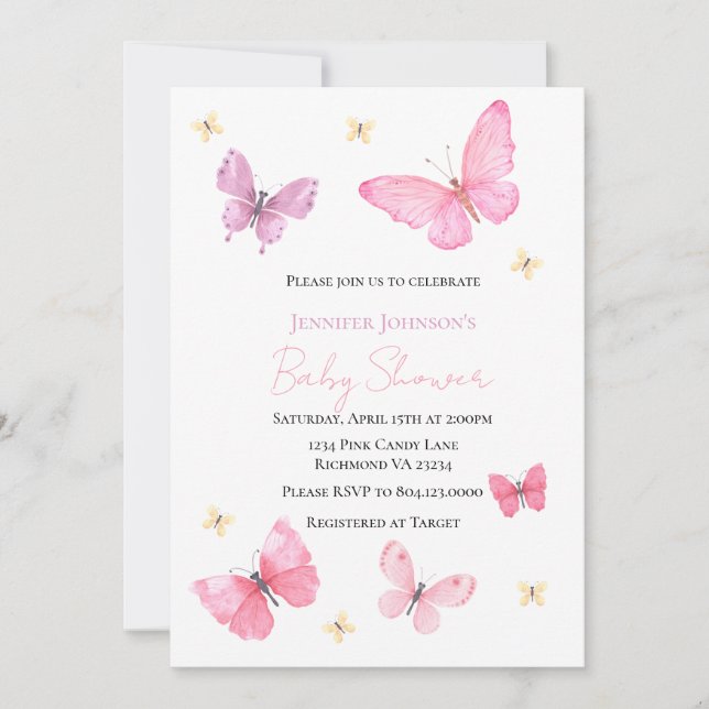 Invitation baby shower papillon, fille (Devant)
