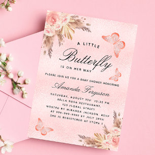 Invitation Baby shower papillon fille pampas rose luxe