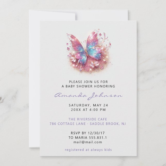 Invitation Baby shower Papillon fille rose bleu gris (Devant)