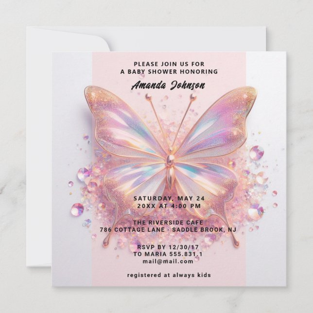 Invitation Baby shower Papillon fille rose Diamant bleu (Devant)