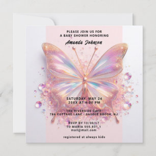 Invitation Baby shower Papillon fille rose Diamant bleu