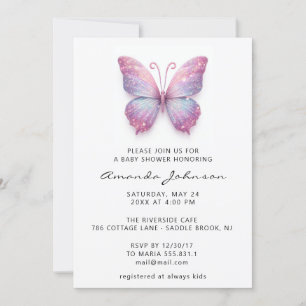 Invitation Baby shower papillon fille Rose Holographe rose